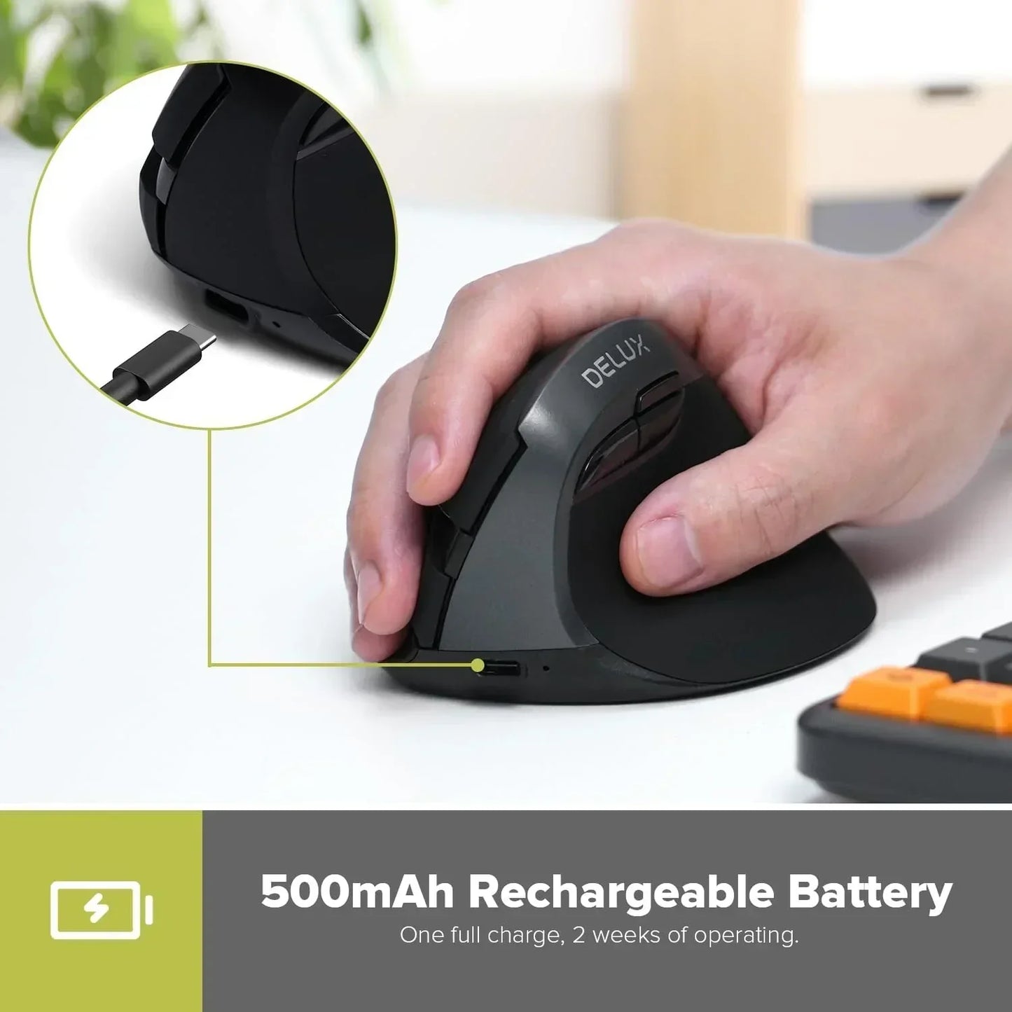 Ergonomic vertical wireless mouse with USB-C charging, 500mAh battery, hand using device