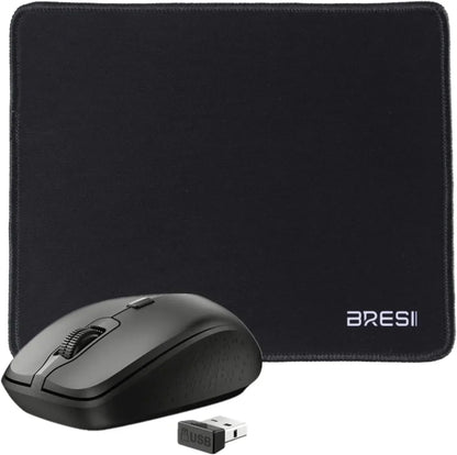 Wireless black computer mouse with USB receiver and black mouse pad, BRESII branding