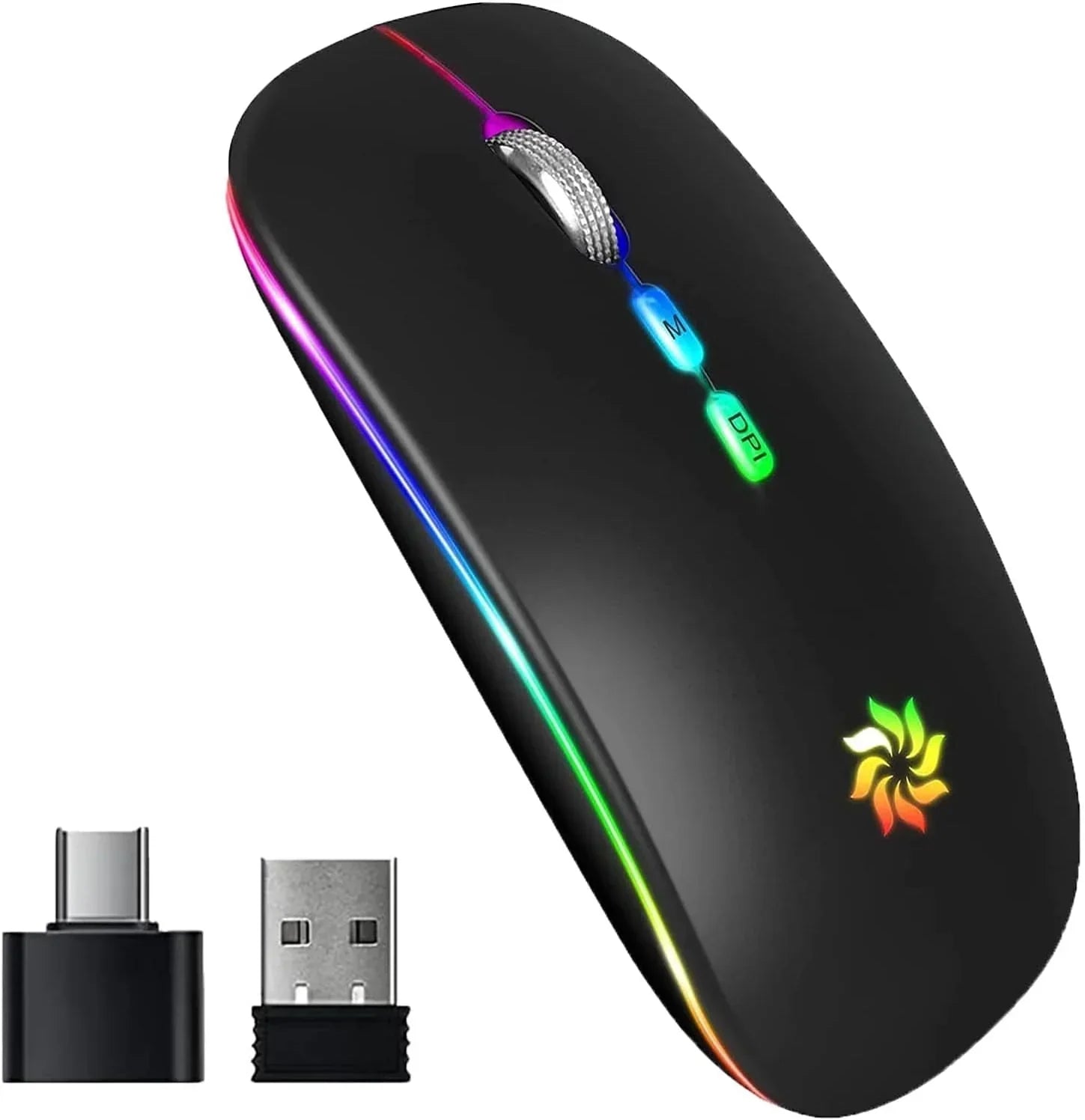 Wireless RGB gaming mouse with LED lights, USB and USB-C dongles, black finish