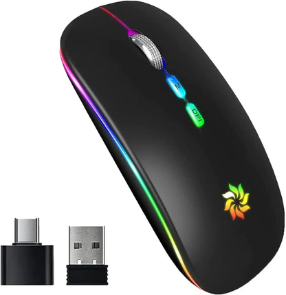 Wireless RGB gaming mouse with LED lights, USB and USB-C dongles, black finish