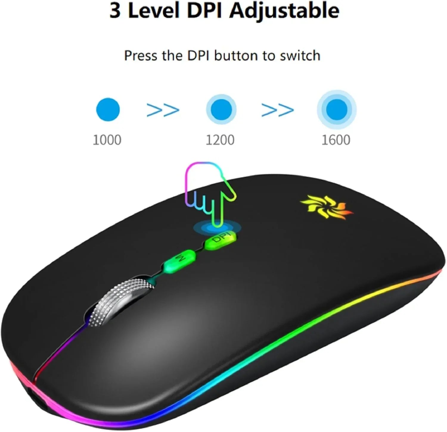 Black RGB wireless gaming mouse with three DPI adjustment options, side buttons, and LED lighting.