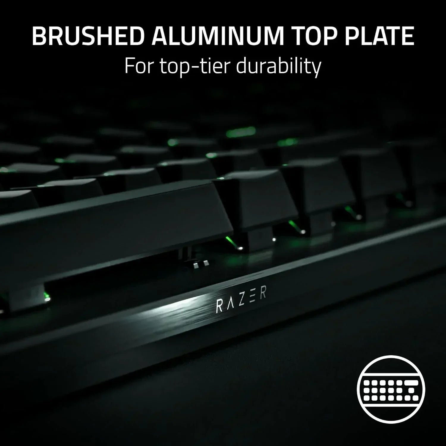Razer gaming keyboard with brushed aluminum top plate and green backlighting, Byte Style gear