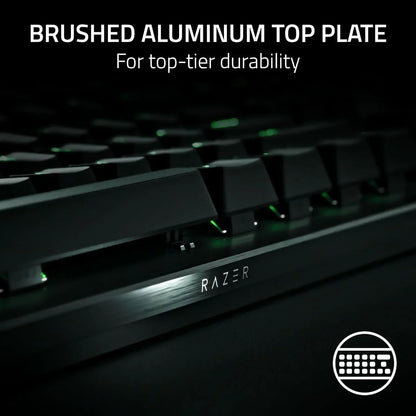Razer gaming keyboard with brushed aluminum top plate and green backlighting, Byte Style gear
