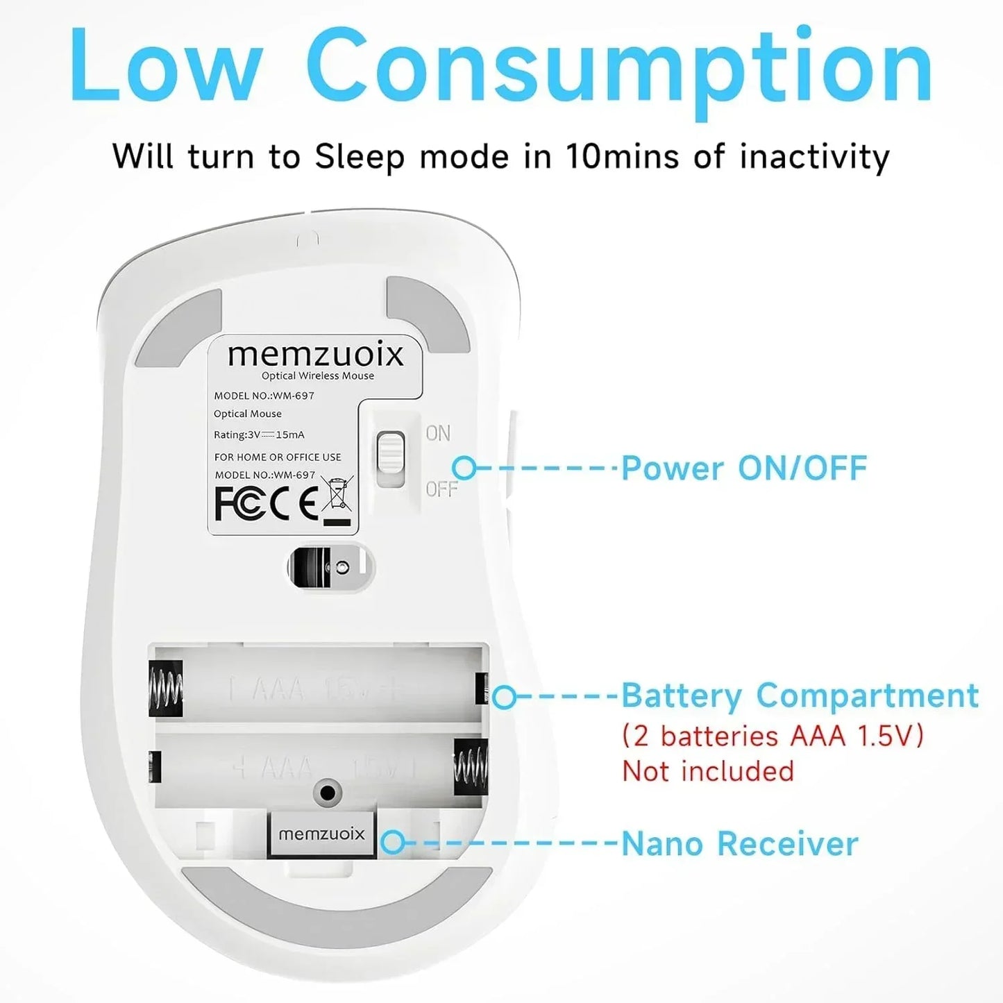Bottom of wireless mouse with labeled battery compartment, power switch, and nano receiver slot