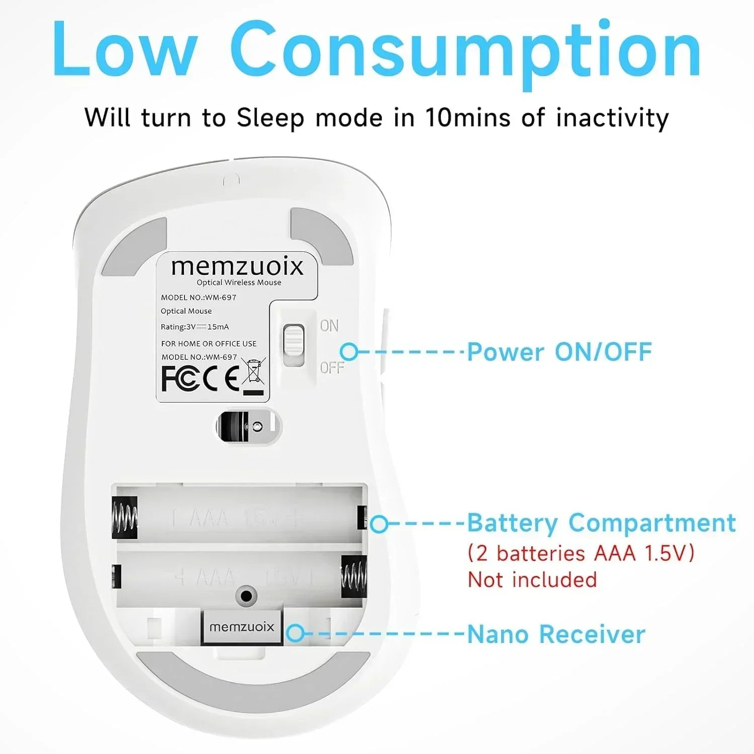 Bottom of wireless mouse with labeled battery compartment, power switch, and nano receiver slot