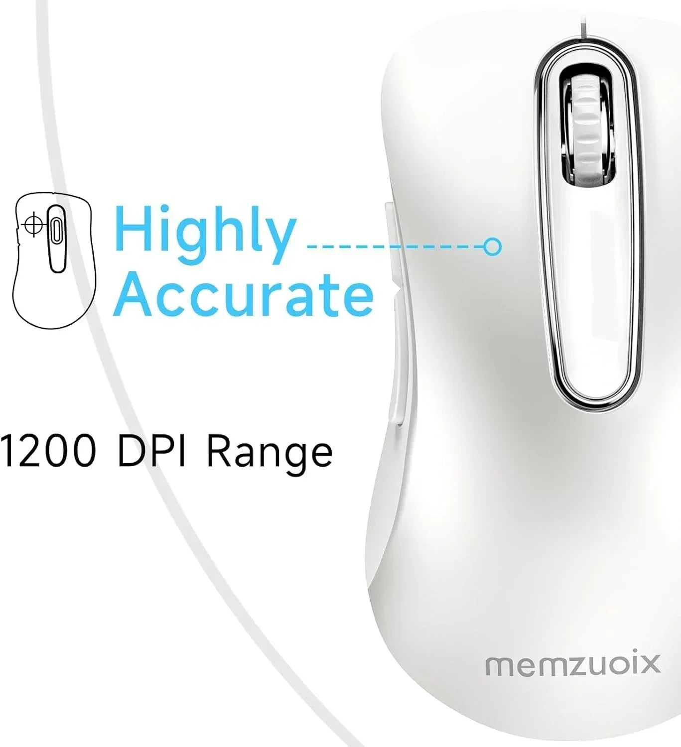 White ergonomic wired computer mouse, highly accurate 1200 DPI, Memzuoix branding visible.