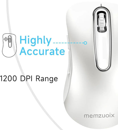 White ergonomic wired computer mouse, highly accurate 1200 DPI, Memzuoix branding visible.