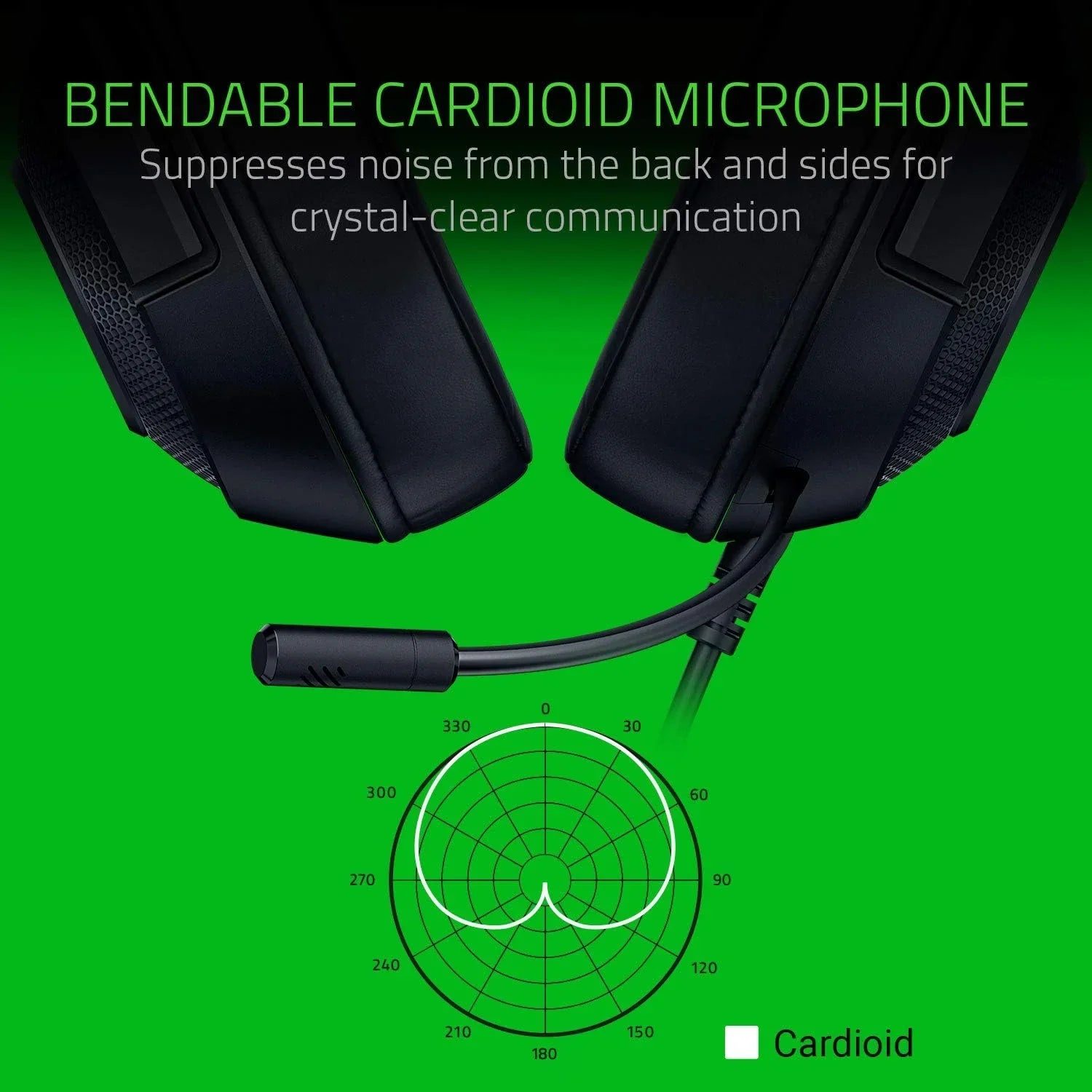 Black gaming headset with bendable cardioid microphone suppressing noise for clear communication