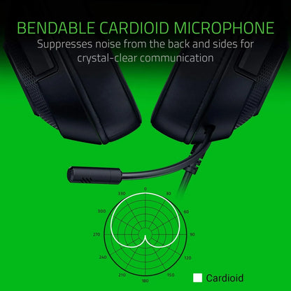 Black gaming headset with bendable cardioid microphone suppressing noise for clear communication