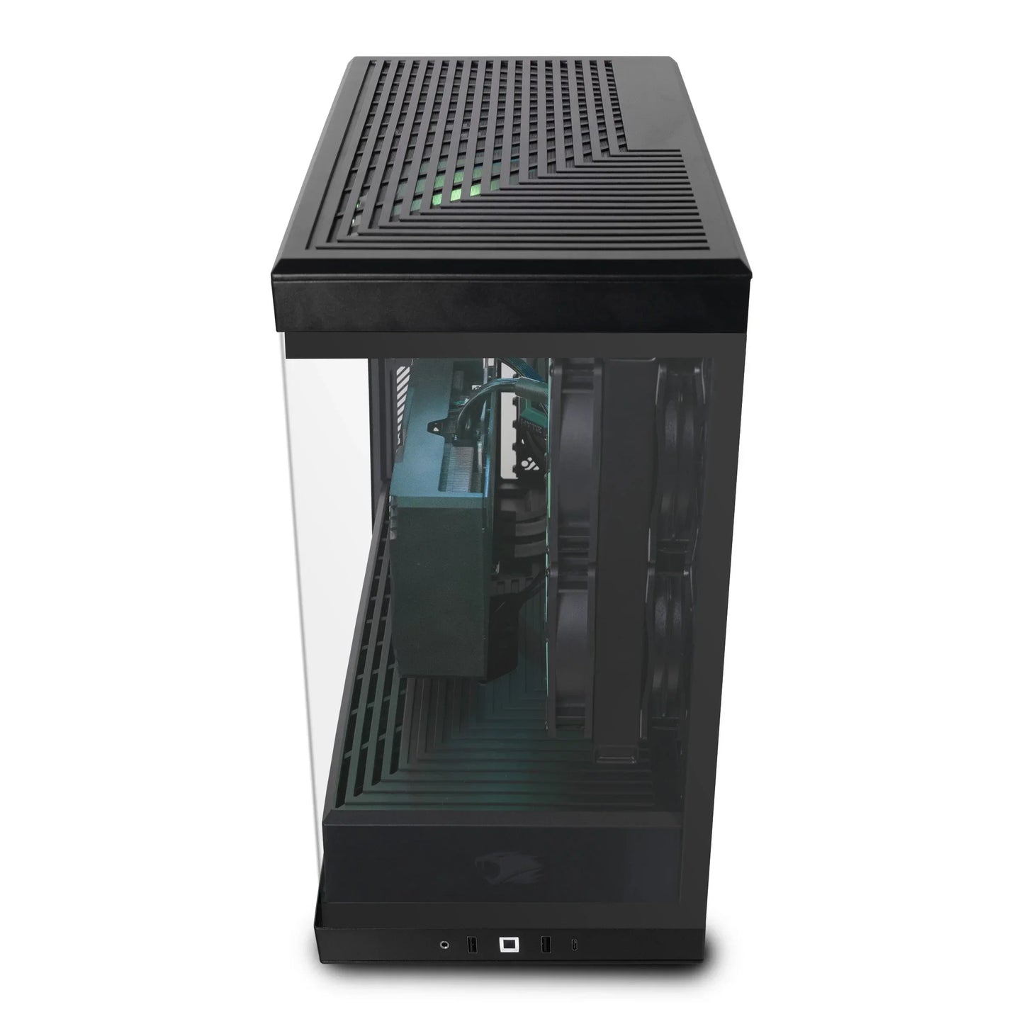Compact black PC gaming case with transparent side panel, dual cooling fans, and distinctive vent pattern
