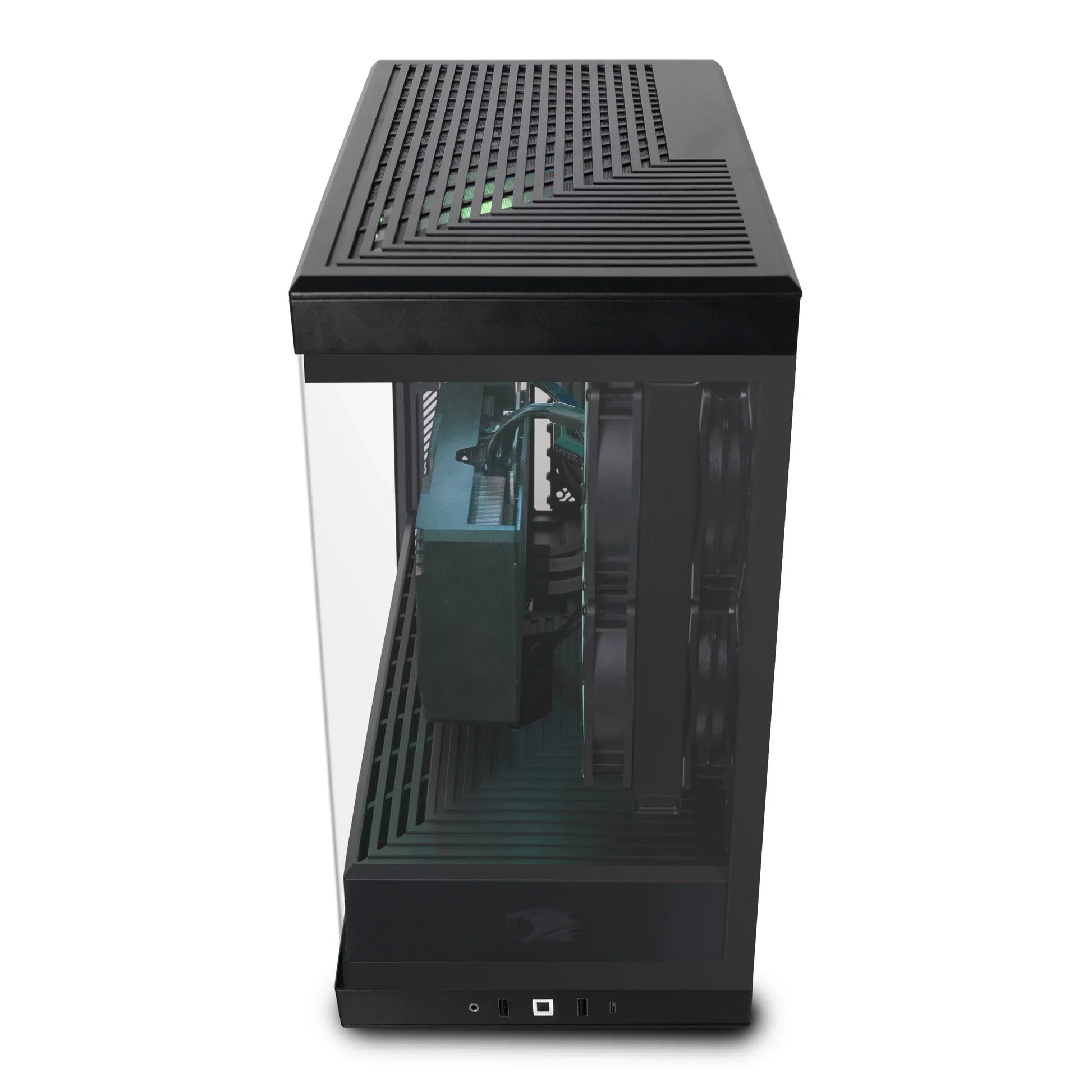 Compact black PC gaming case with transparent side panel, dual cooling fans, and distinctive vent pattern
