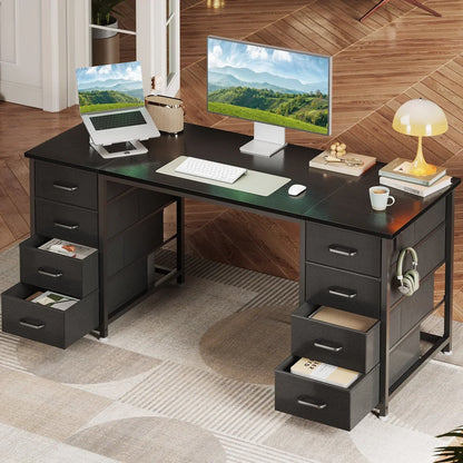 Vintage Computer Desk with Drawers for Storage - 55 Inch Home Office Desk with 8 Fabric Drawers, Writing Study Desk with Drawers on Both Sides for Bedroom