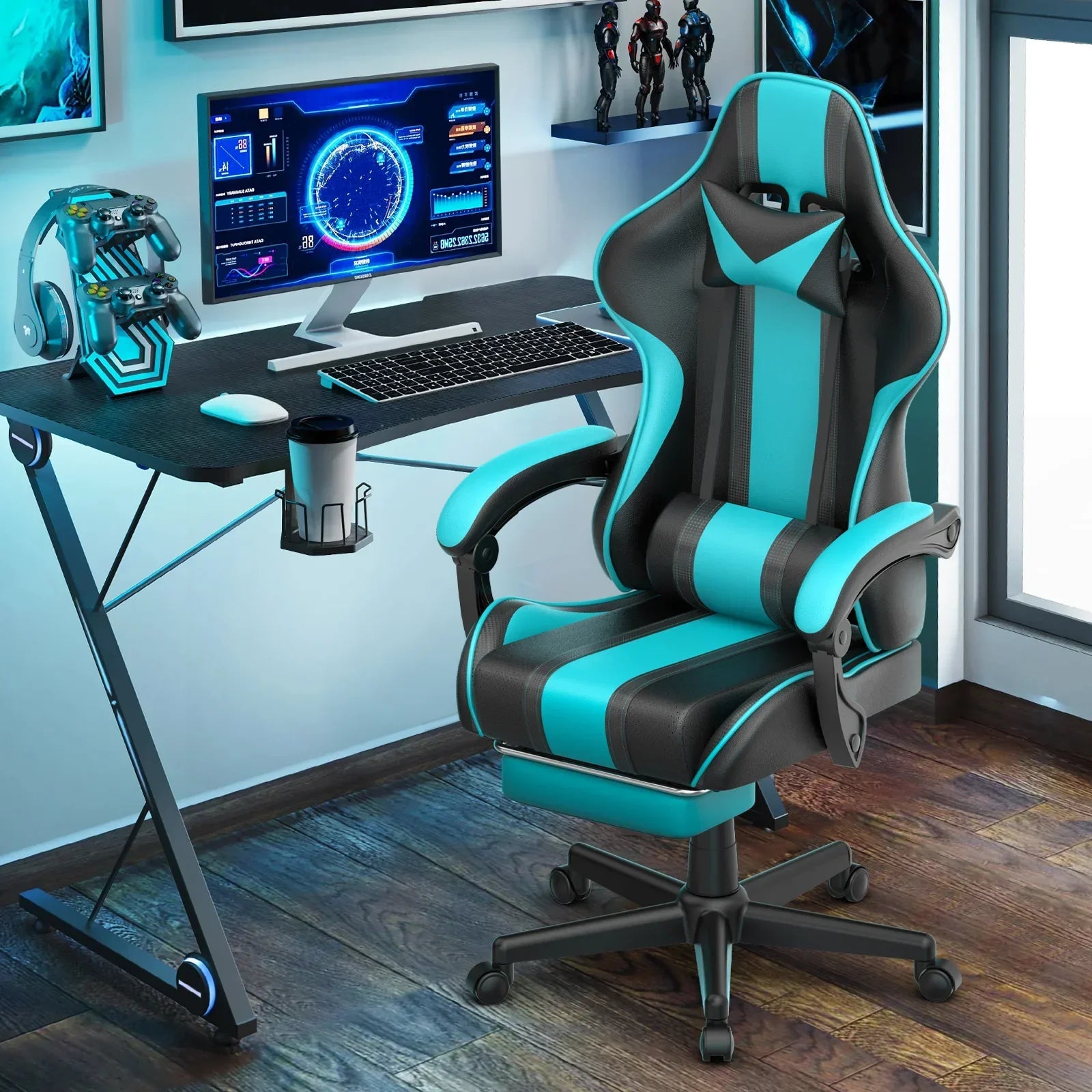 Modern gaming setup with turquoise and black ergonomic gaming chair, desk, monitor, keyboard, mouse, and game controllers