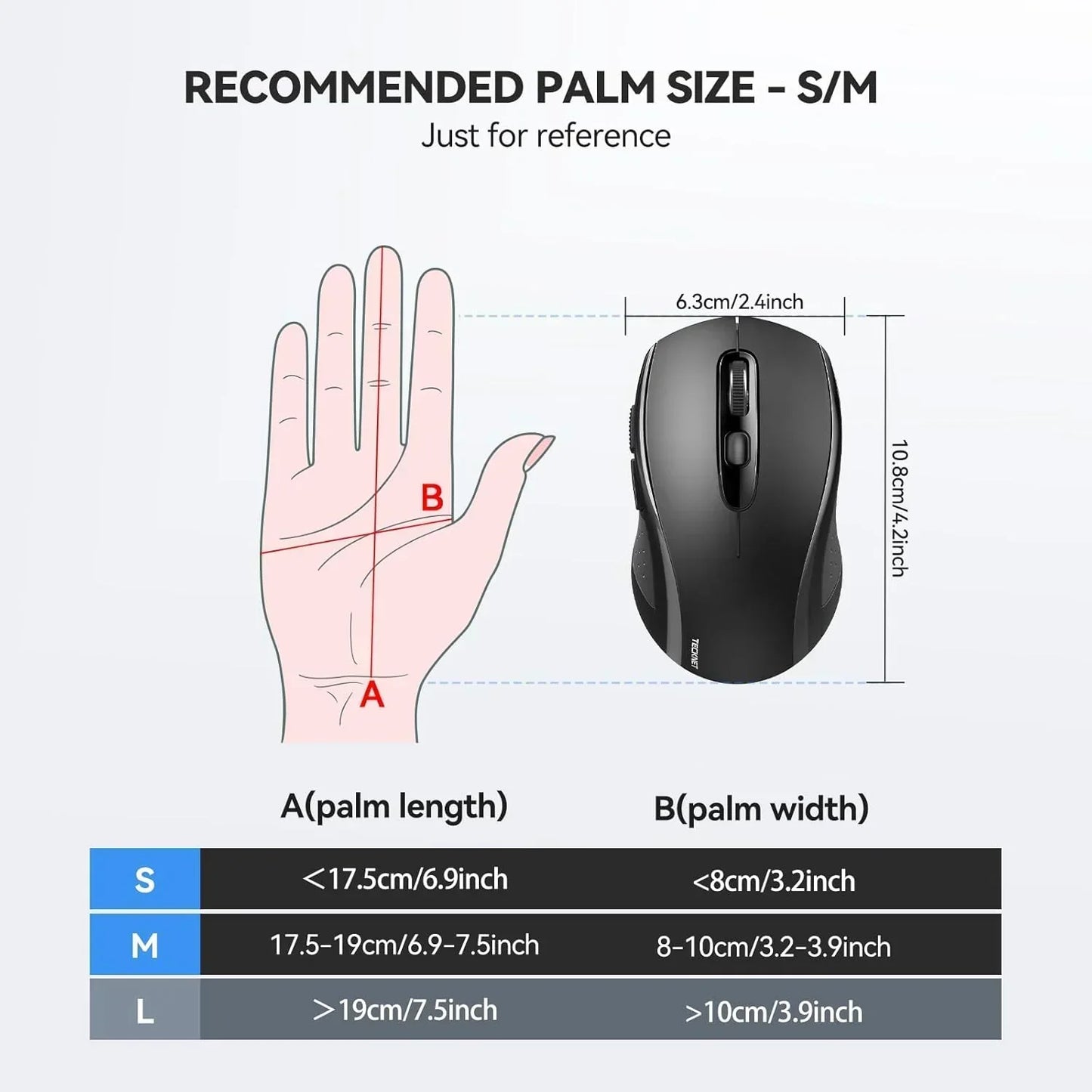 Gaming mouse size chart with palm measurements for small, medium, and large hands.