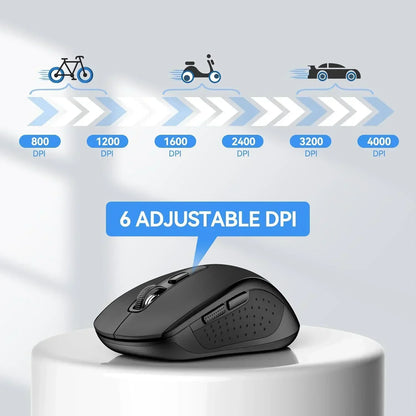 Black gaming mouse with six adjustable DPI settings from 800 to 4000, shown on pedestal.