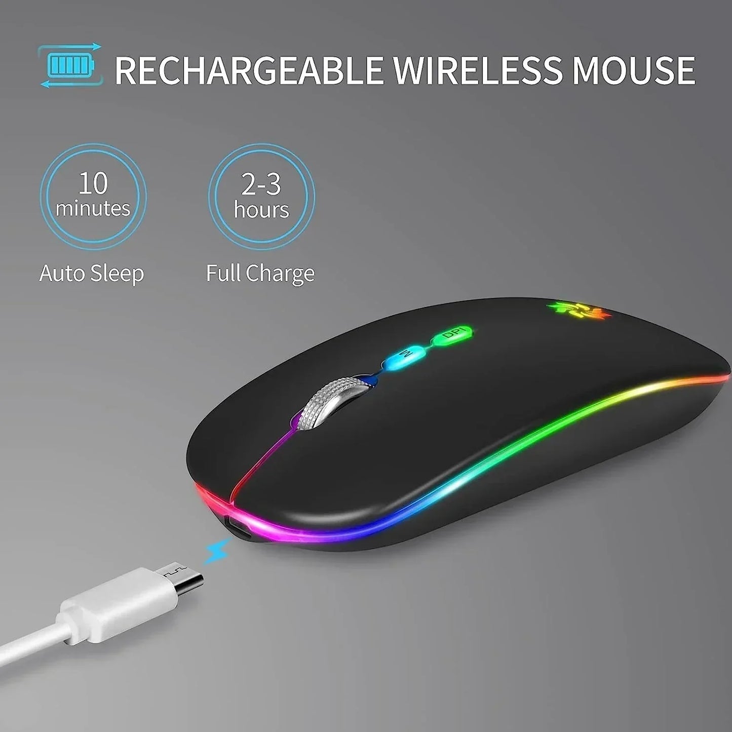 Rechargeable wireless mouse with RGB lighting, USB charging cable, and ergonomic design.