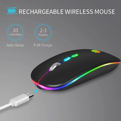 Rechargeable wireless mouse with RGB lighting, USB charging cable, and ergonomic design.
