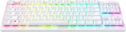 White Razer RGB mechanical gaming keyboard with vibrant backlighting, modern design