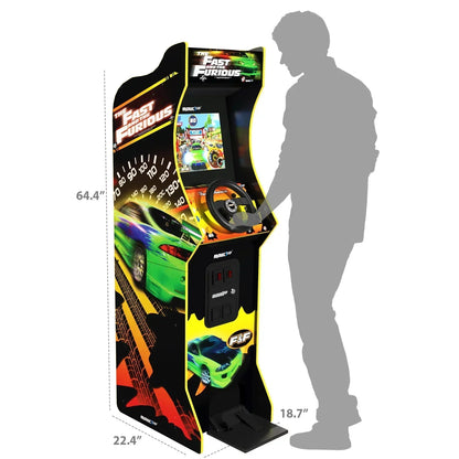 The Fast and the Furious arcade racing machine with steering wheel, racing graphics, and measurements.