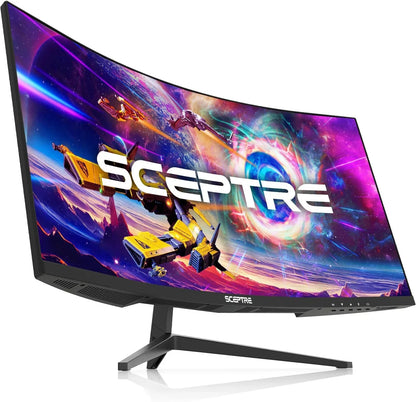 Curved Sceptre gaming monitor with vivid space battle scene and colorful cosmic background