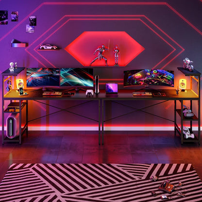 Futuristic gaming setup with three curved monitors, RGB lighting, gaming consoles, figures on wall shelves, and neon red wall decor