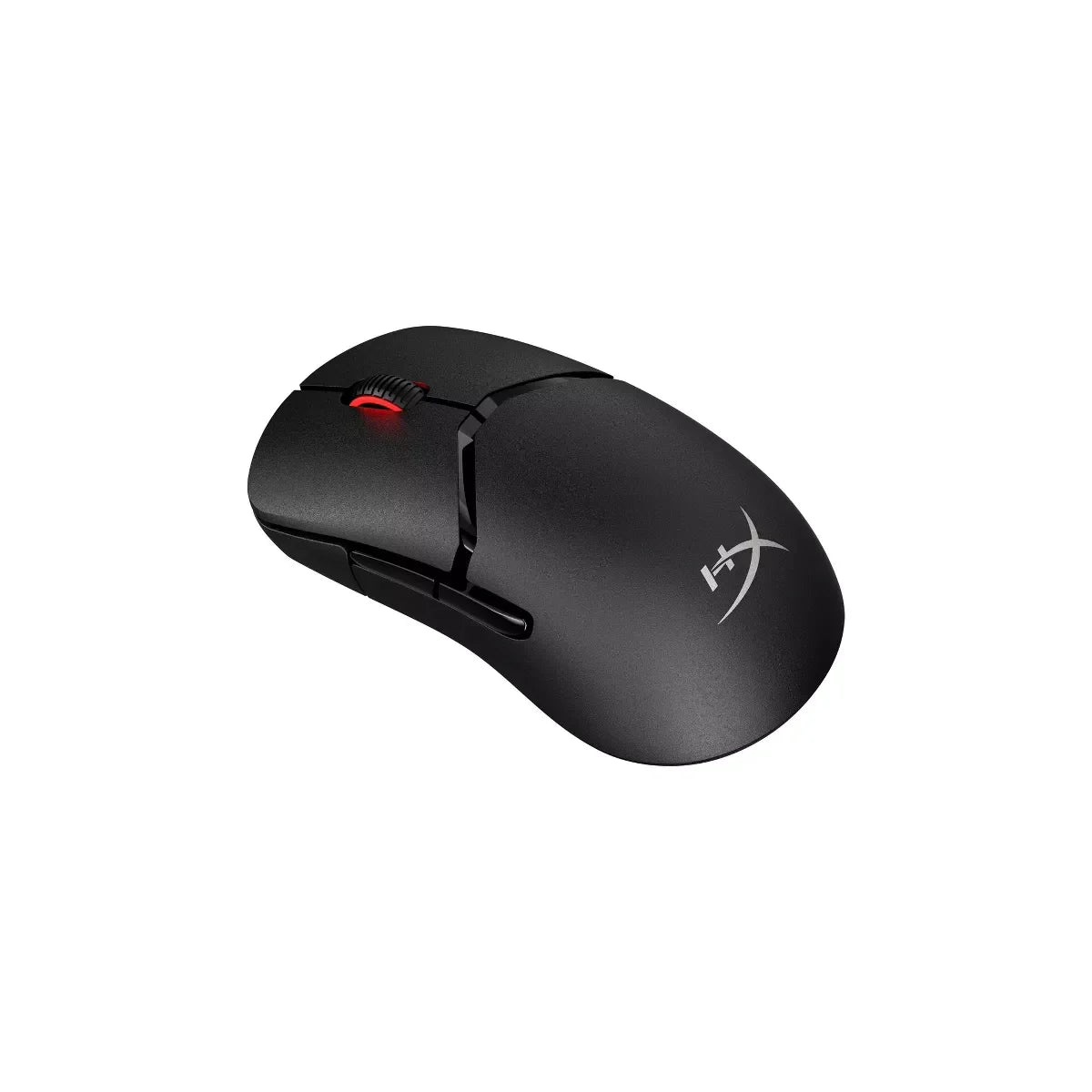 Black wireless gaming mouse with red scroll wheel light and HyperX logo on top isolated on white