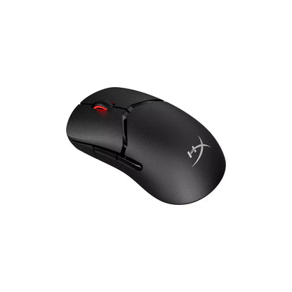 Black wireless gaming mouse with red scroll wheel light and HyperX logo on top isolated on white