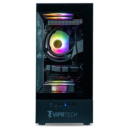 Gaming PC tower with RGB lighting, transparent side panel, and front USB ports