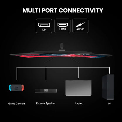 Slim monitor showcasing multi port connectivity with DP, HDMI, and audio for game console, speaker, laptop, and PC