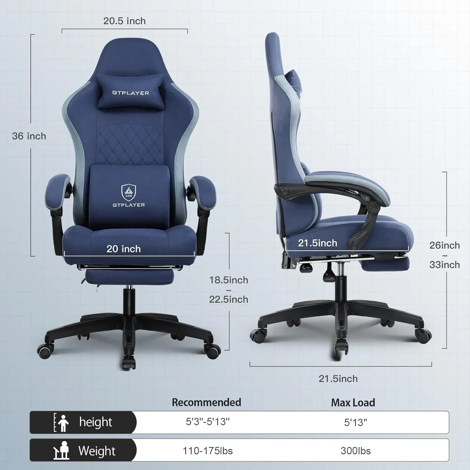 Blue GTPLAYER gaming chair with ergonomic cushions and adjustable height measurements shown