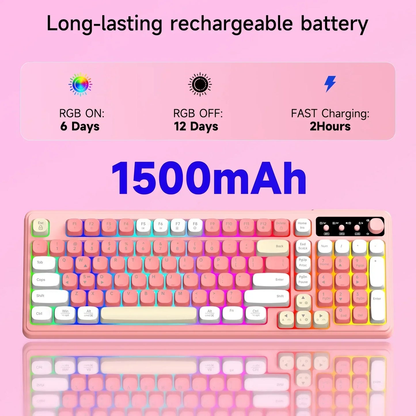 RGB wireless gaming keyboard with 1500mAh battery, pastel keycaps, fast charging, Byte Style