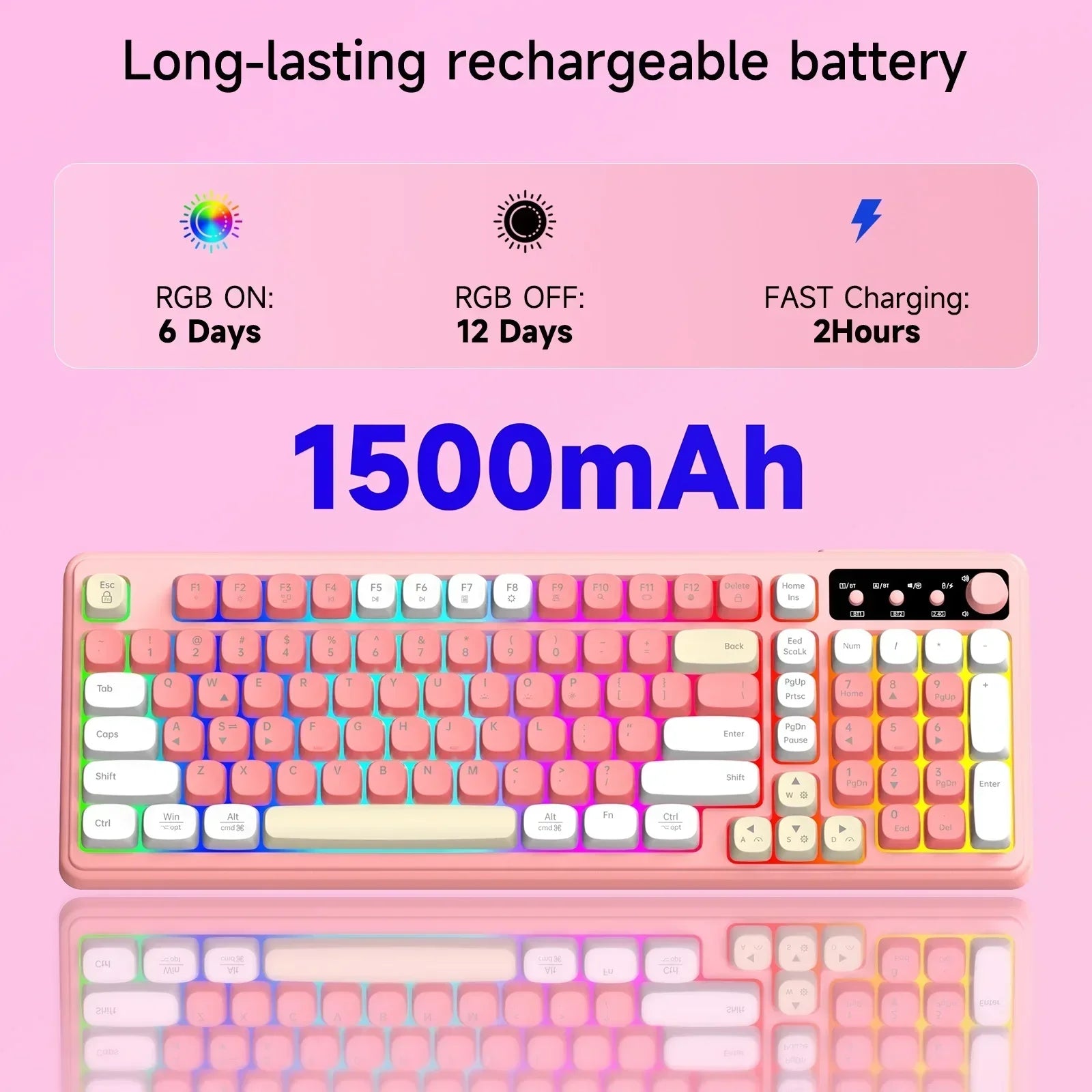 RGB wireless gaming keyboard with 1500mAh battery, pastel keycaps, fast charging, Byte Style