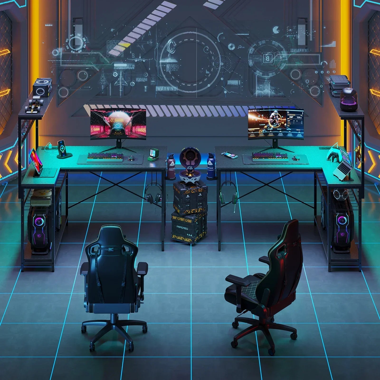 Dual gaming setup with two monitors, gaming chairs, RGB keyboards, and futuristic overlays in a neon-lit room
