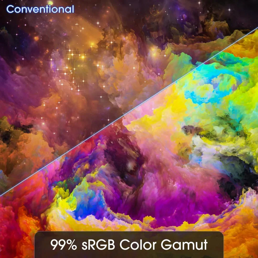 Comparison of conventional vs vibrant color display showing 99% sRGB color gamut with vivid RGB hues