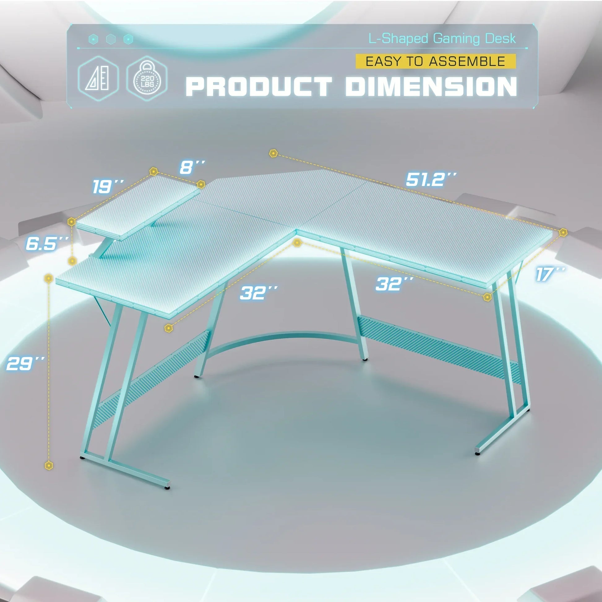 L-shaped gaming desk with specified product dimensions and easy to assemble design