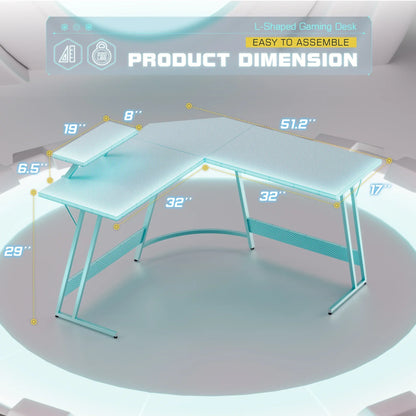 L-shaped gaming desk with specified product dimensions and easy to assemble design