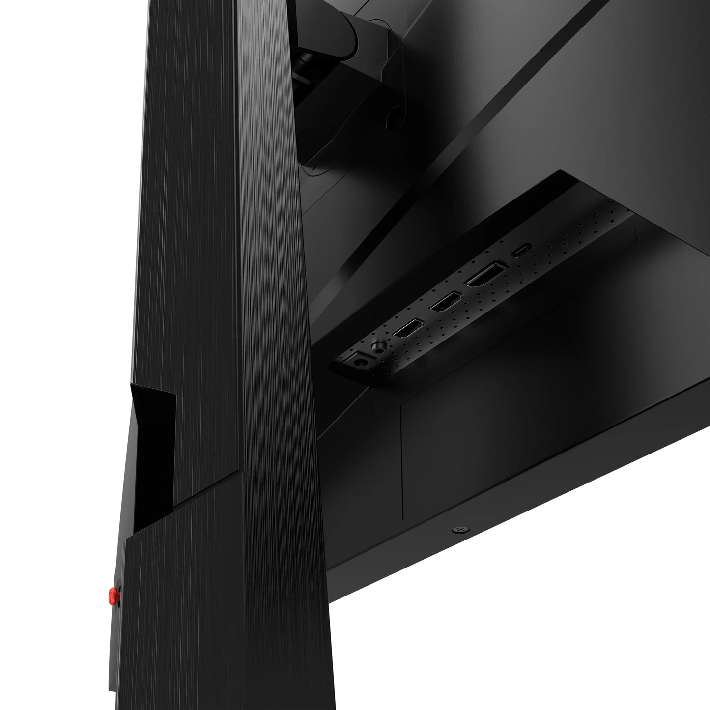 Close-up underside view of a sleek black gaming monitor showing HDMI and USB ports with a textured stand featuring red adjustment knob