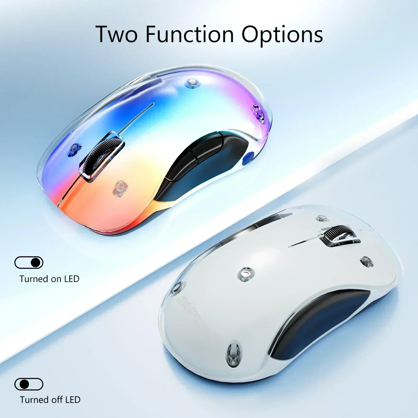 Gaming mouse with LED lighting shown on and off, highlighting two function options.