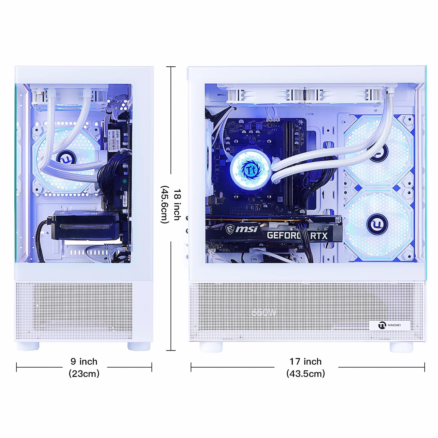 White compact gaming PC with MSI GeForce RTX graphics, liquid cooling, and blue LED fans