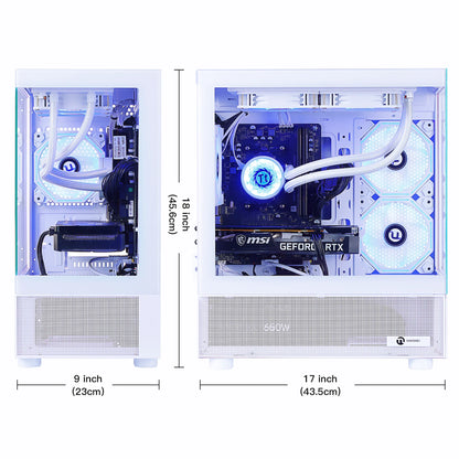 White compact gaming PC with MSI GeForce RTX graphics, liquid cooling, and blue LED fans