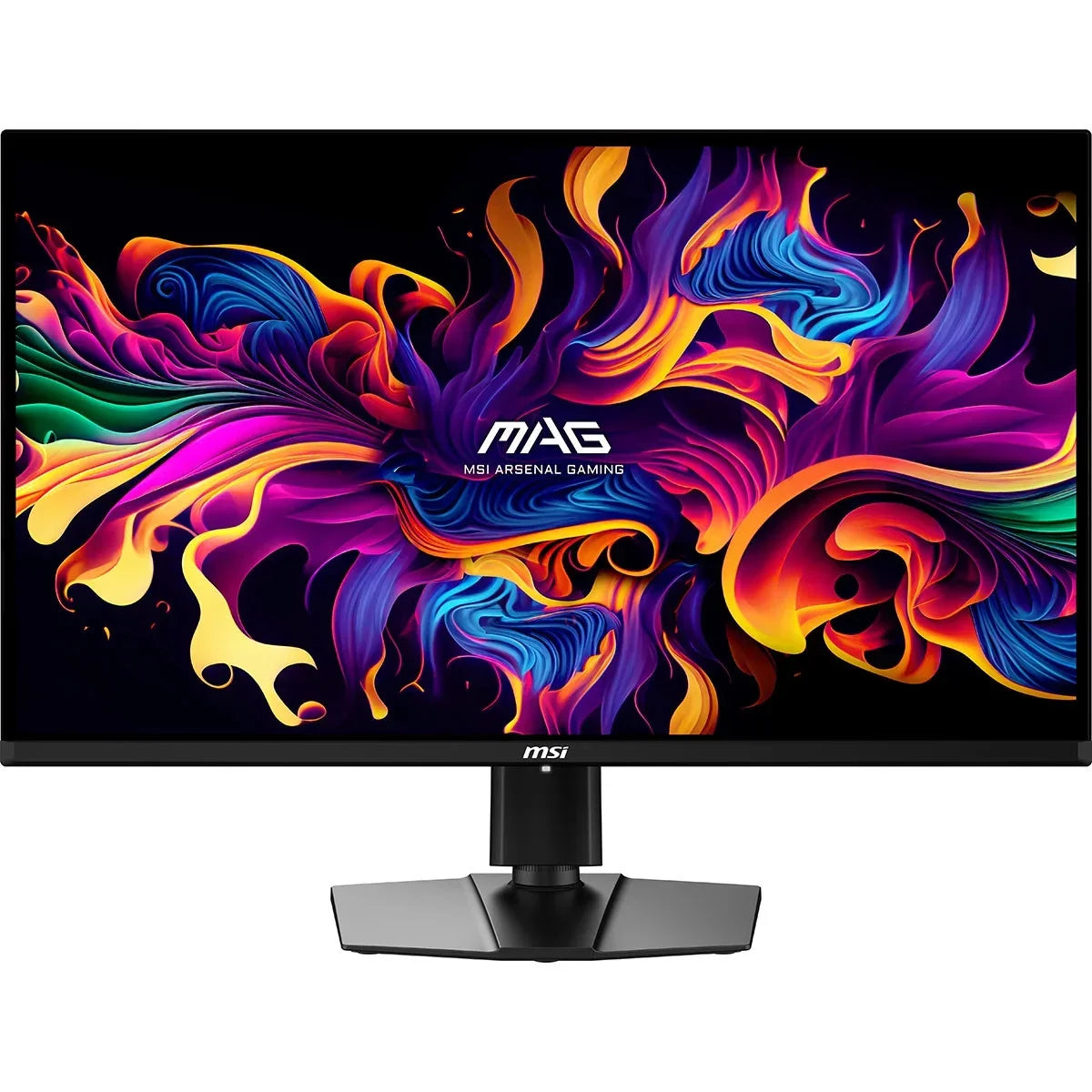 MSI Arsenal Gaming monitor with vibrant colorful abstract artwork on screen, sleek black bezel and stand
