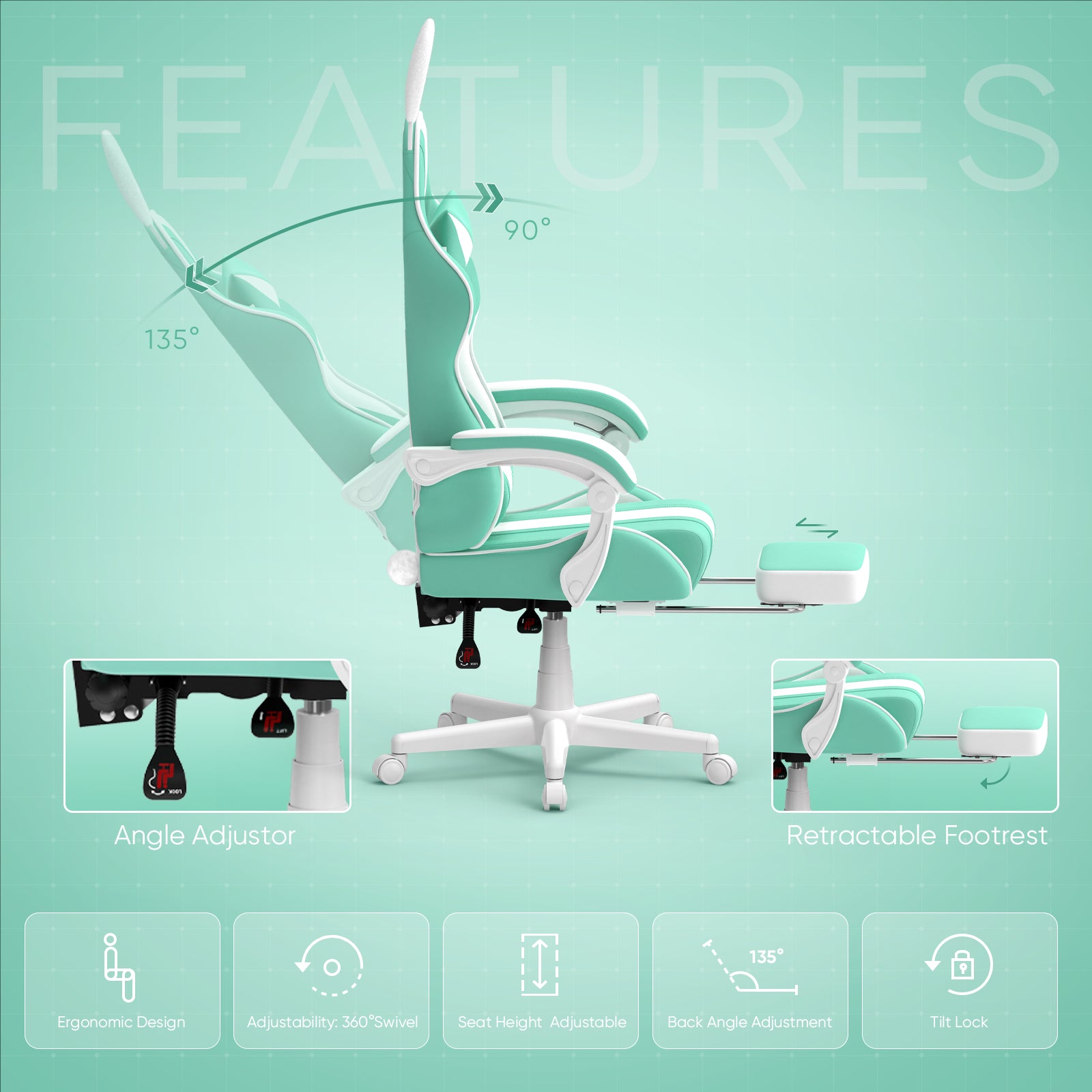 Mint green gaming chair with adjustable recline, retractable footrest, and ergonomic design for comfort.
