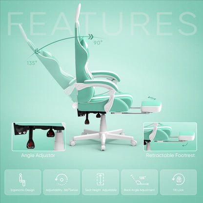 Mint green gaming chair with adjustable recline, retractable footrest, and ergonomic design for comfort.