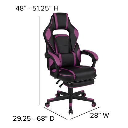 Black and purple gaming chair with adjustable height and dimensions labeled