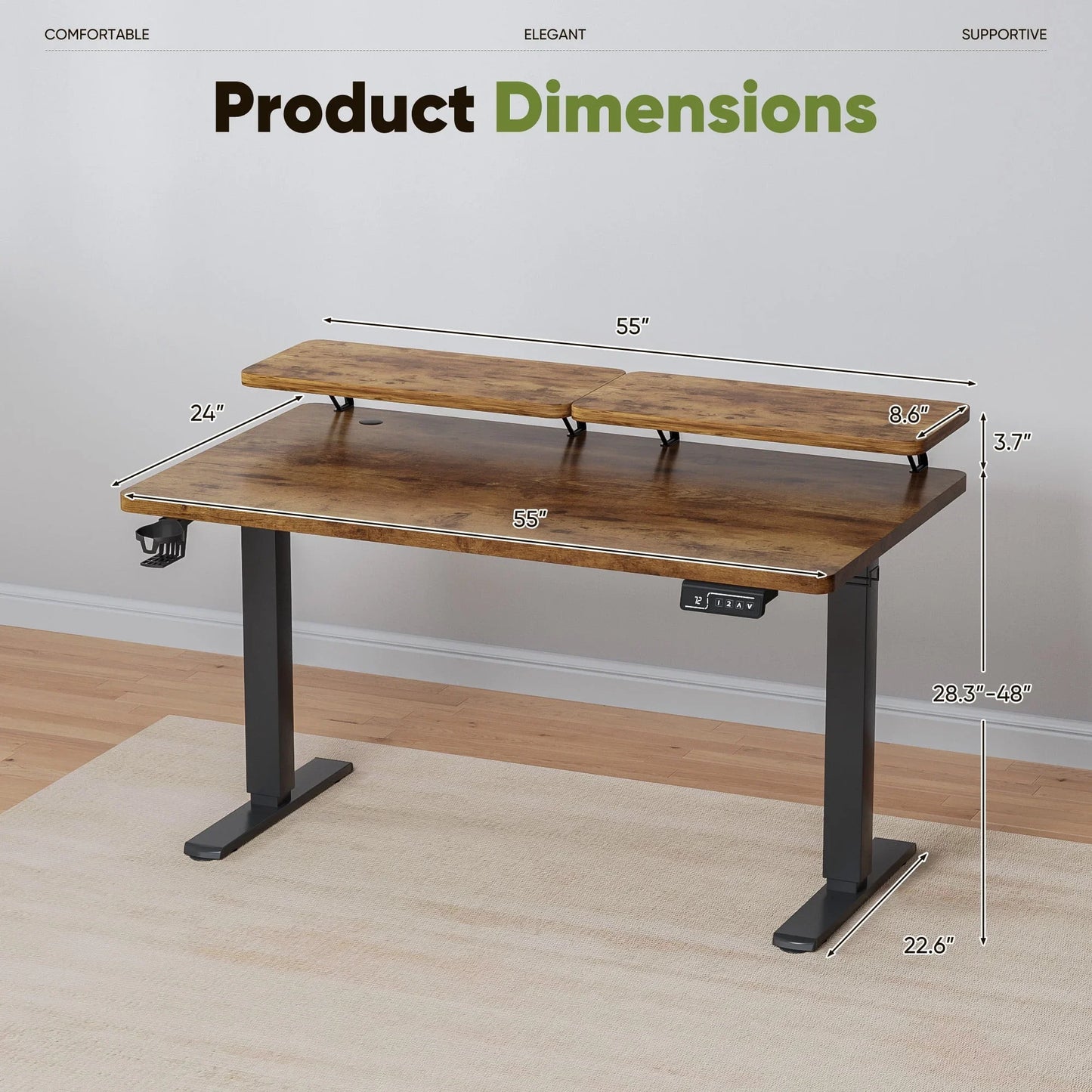 55" Wide Home Office Electric Height Adjustable Standing Desk Lifting Range 28~46" Computer Desk with Monitor Stand,Brown