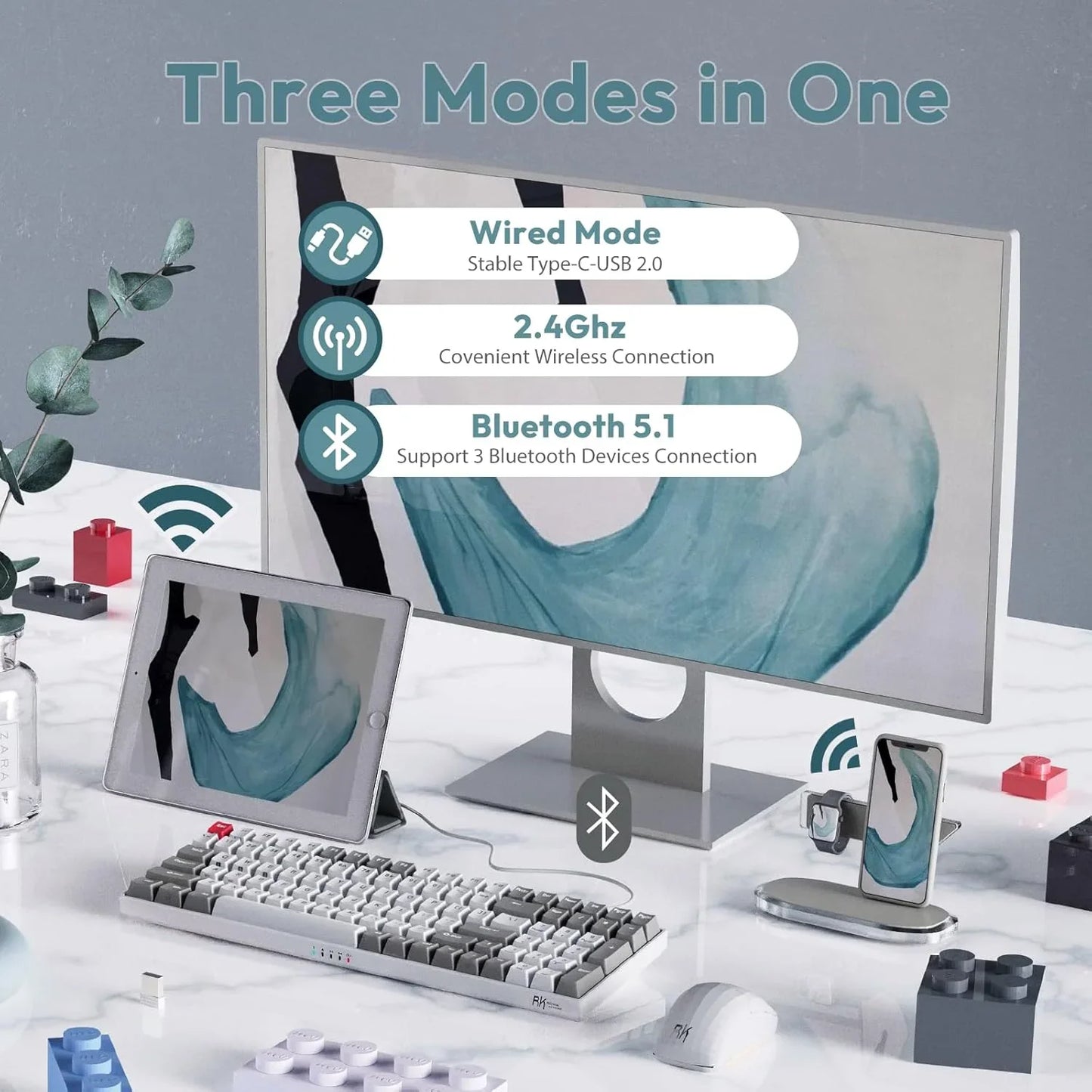 Modern workspace with mechanical keyboard, wireless mouse, tablet, smartphone, and monitor showing three connectivity modes: wired USB-C, 2.4GHz wireless, and Bluetooth 5.1