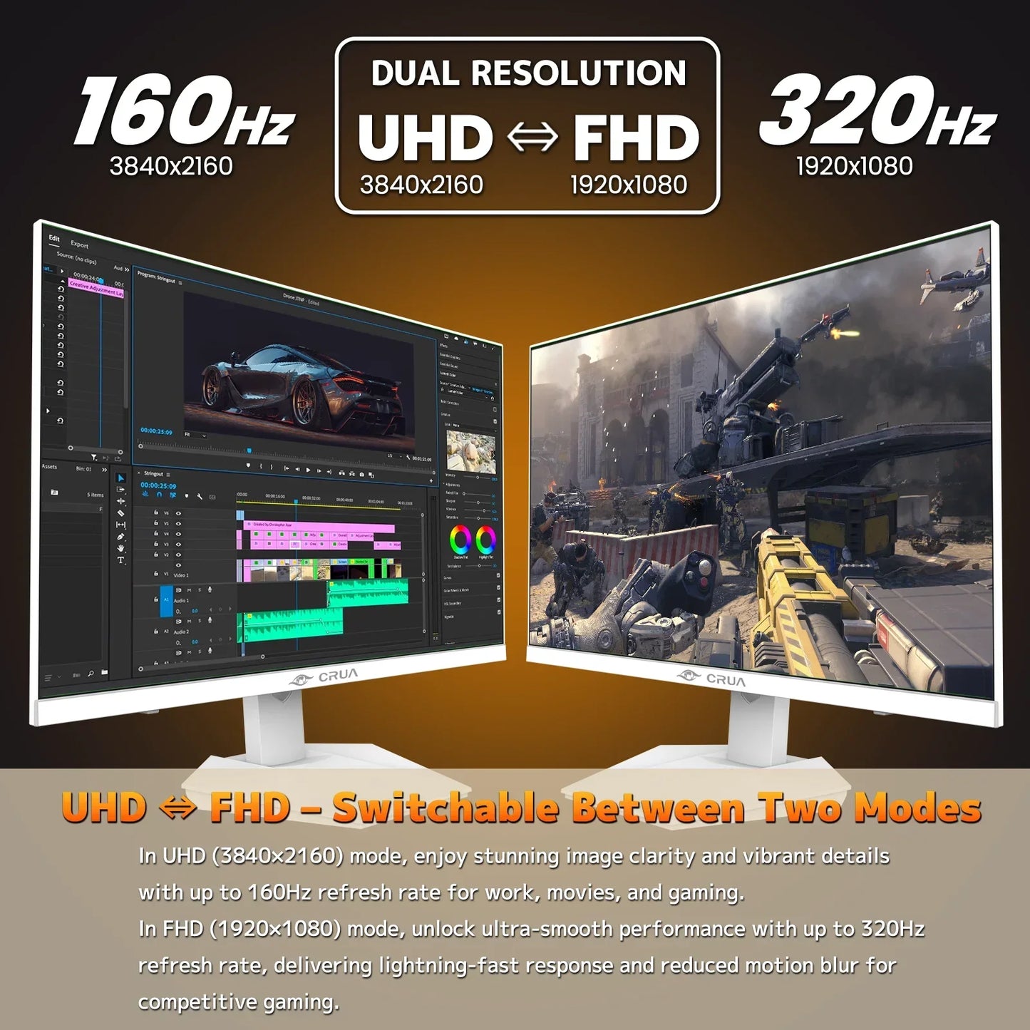 27” Gaming Monitor, UHD (3840X2160) Dual Mode (4K 160Hz or FHD 320Hz), 120% Srgb, Support Freesync, Built-In Speakers, RGB Lighting, HDMI & DP, Height Adjustable, Wall Mount Install-White