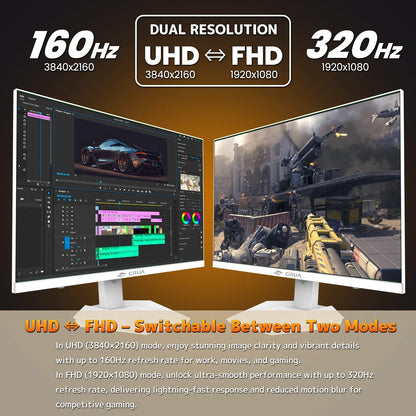 27” Gaming Monitor, UHD (3840X2160) Dual Mode (4K 160Hz or FHD 320Hz), 120% Srgb, Support Freesync, Built-In Speakers, RGB Lighting, HDMI & DP, Height Adjustable, Wall Mount Install-White