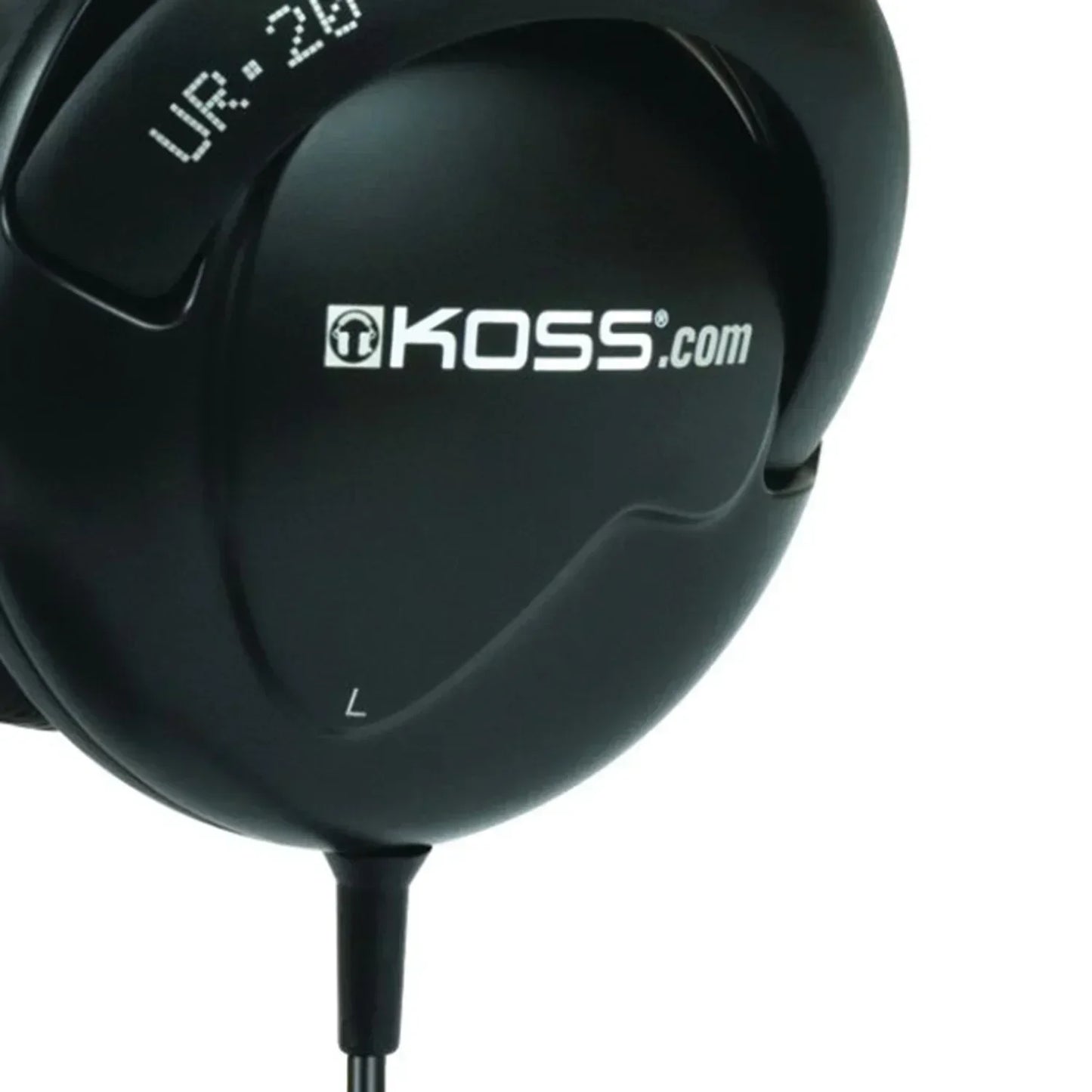 Close-up of black KOSS UR-20 over-ear wired gaming headset earcup