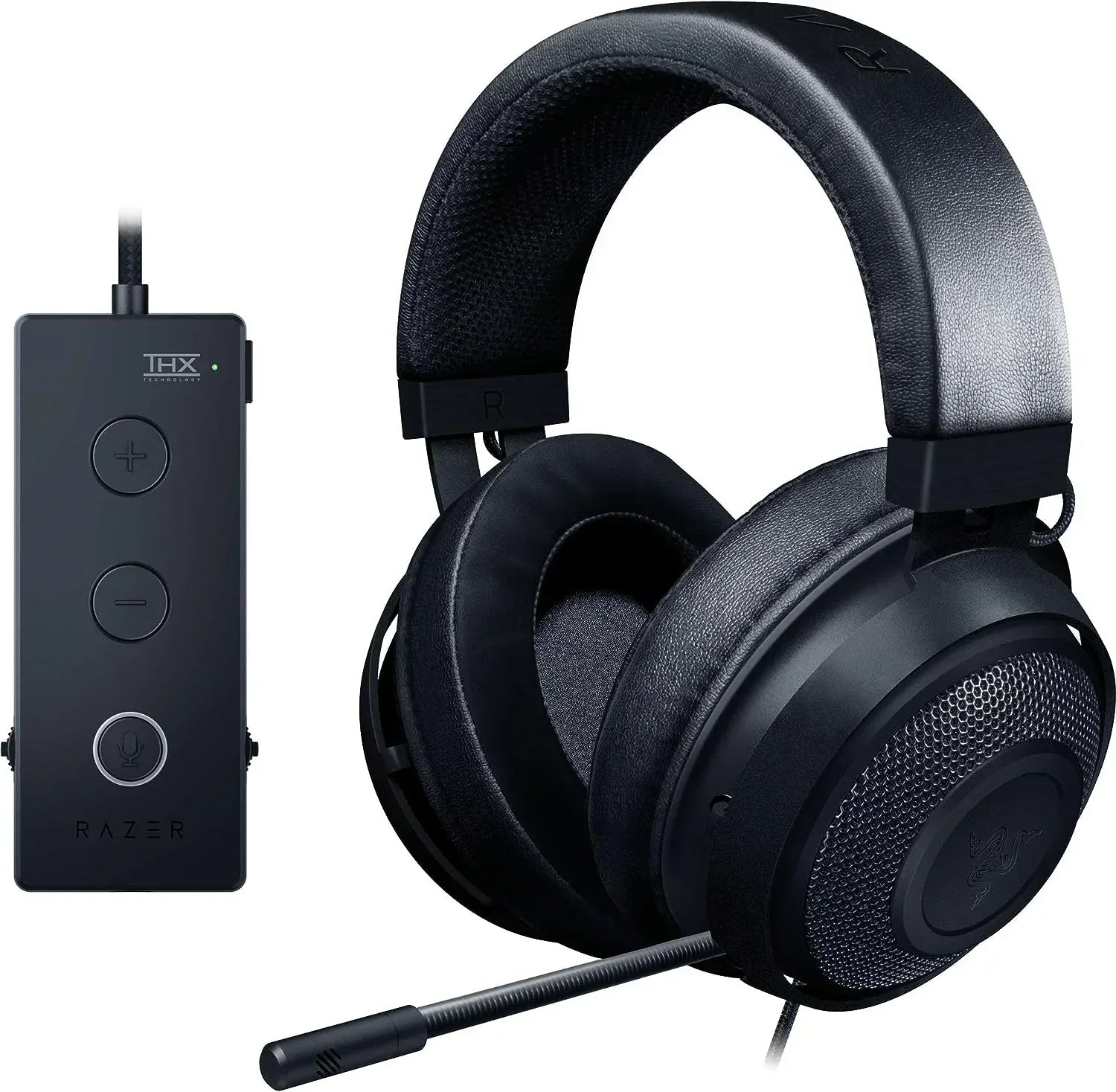 Black gaming headset with padded ear cups, attached microphone, and USB audio control module